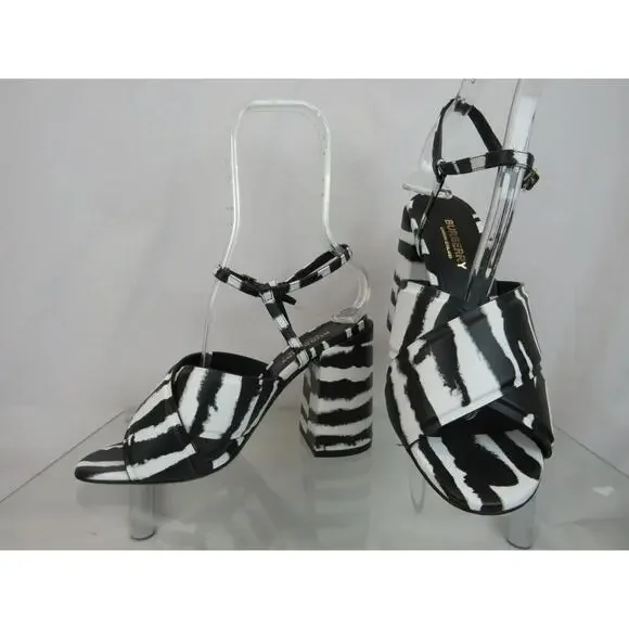 NIB BURBERRY CASTLEBAR BLACK WHITE LEATHER BUCKLE STRAP SANDAL PUMPS 38 ITALY
